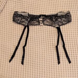 Victoria's Secret Black Lace Garter Belt with pink bows.
